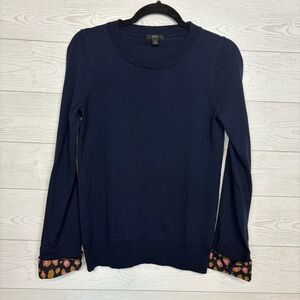 J. CREW TIPPI 100% MERINO WOOL BLUE LEOPARD FRENCH CUFFS SWEATER SIZE SMALL